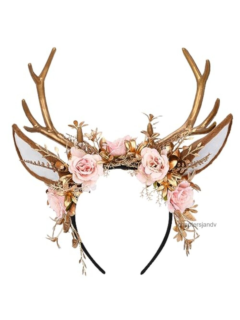Handmade Gold Flower Antler Headband Woodland Floral Reindeer Headpiece Deer
